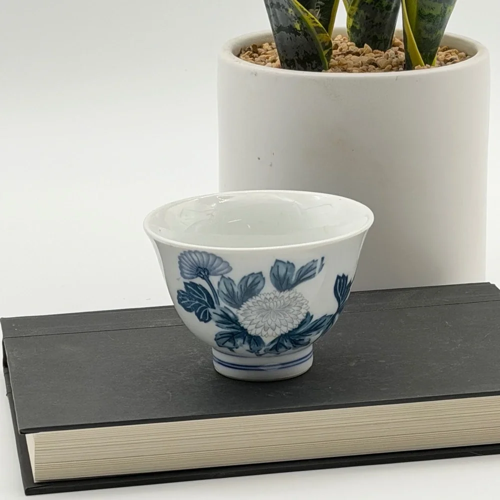 Vintage Blue and White Porcelain Floral Tea Cup Small Bowl Hand Painted Mark